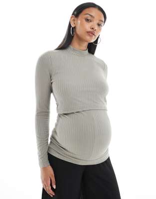 Mama.licious Mamalicious Maternity jersey rip funnel neck top with hidden nursing overlay in khaki-Neutral