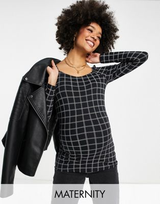Mamalicious Maternity jersey top in black check