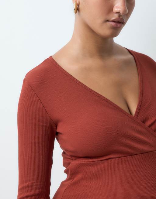 Mamalicious Maternity jersey wrap-front ammevenlig top i brændt henna, 3 af 4