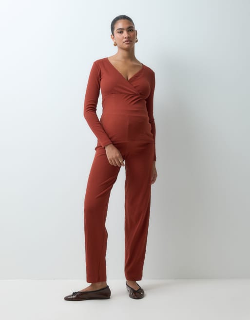 Mamalicious Maternity jersey wrap front nursing friendly top co-ord in burnt henna, 2 of 4