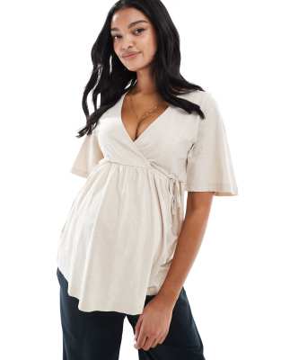 Mamalicious Maternity jersey wrap top in cream-Neutral