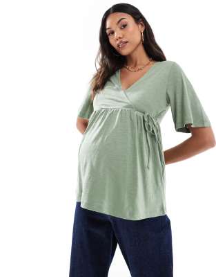 Mamalicious Maternity jersey wrap top in khaki-Green