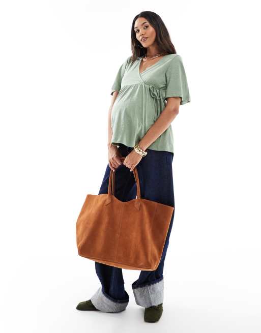 Mamalicious Maternity jersey wrap top in khaki, 3 of 4