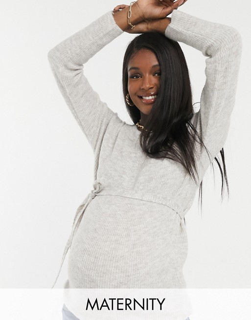 Mamalicious Maternity jumper with belted waist in beige
