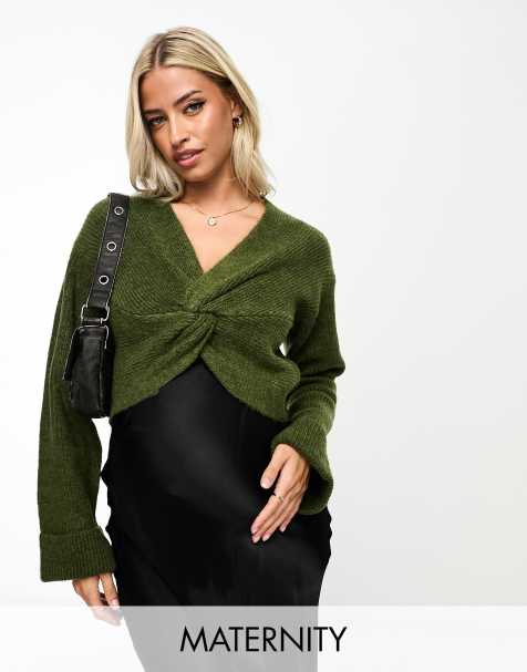 Mamalicious Maternity – Kakifärgad kort tröja med knytning framtill - view 1