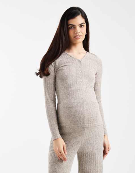 Mamalicious Maternity – Kakifärgad, melerad gravid- och amningstopp med långa ärmar och knappar, del av set - view 1