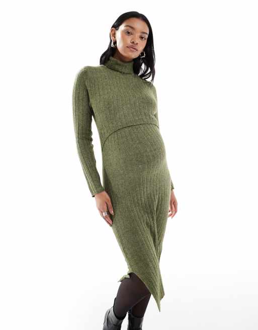 Mamalicious Maternity – Kakigrön, melerad, mjuk, ribbstickad midiklänning med amningsfunktion, 2 av 4