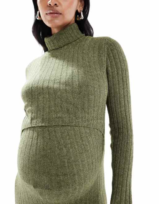 Mamalicious Maternity – Kakigrön, melerad, mjuk, ribbstickad midiklänning med amningsfunktion, 4 av 4