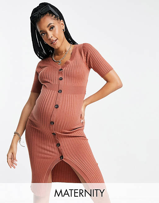 Mamalicious Maternity knit bodycon midi dress with button front in terracotta