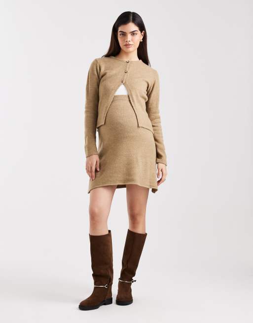 Mamalicious Maternity knit cardigan and over-the-bump mini skirt set in warm beige, 2 of 3