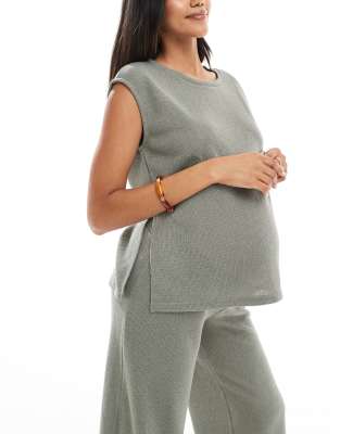 Mamalicious Maternity knit slit sides top in khaki green - part of a set