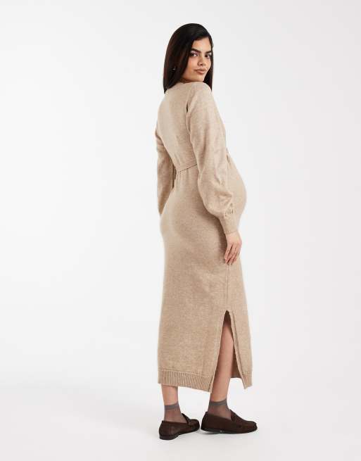 Mamalicious Maternity knitted belted blouson sleeve maxi dress in natural melange, 3 of 4