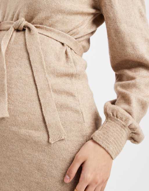 Mamalicious Maternity knitted belted blouson sleeve maxi dress in natural melange, 4 of 4