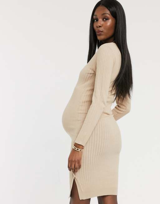 Mamalicious Maternity knitted dress with v neck and side detail in