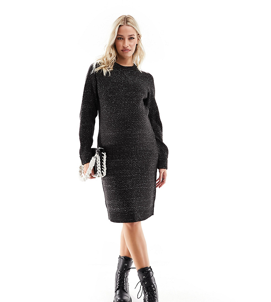 Mamalicious Maternity knitted glitter midi jumper dress in black and silver-Multi