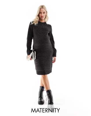 Mamalicious Maternity knitted glitter midi sweater dress in black and silver-Multi