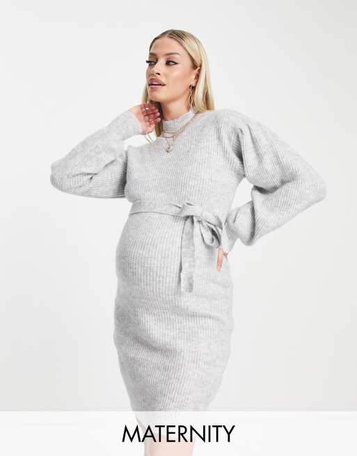 Mamalicious Maternity knitted jumper mini dress with balloon sleeves in light grey