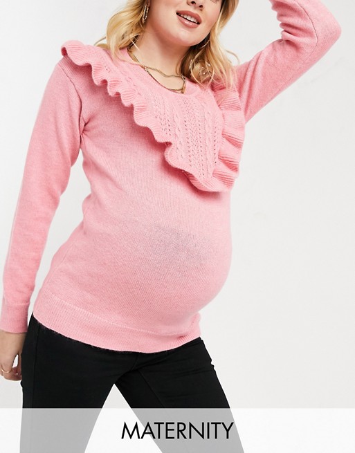 Mamalicious Maternity knitted jumper with frill collar in pink
