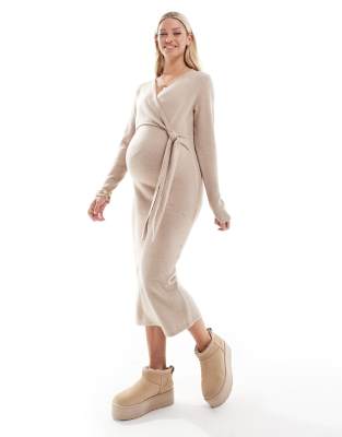 Mama.licious Mamalicious maternity knitted maxi dress with knot front in beige-Neutral