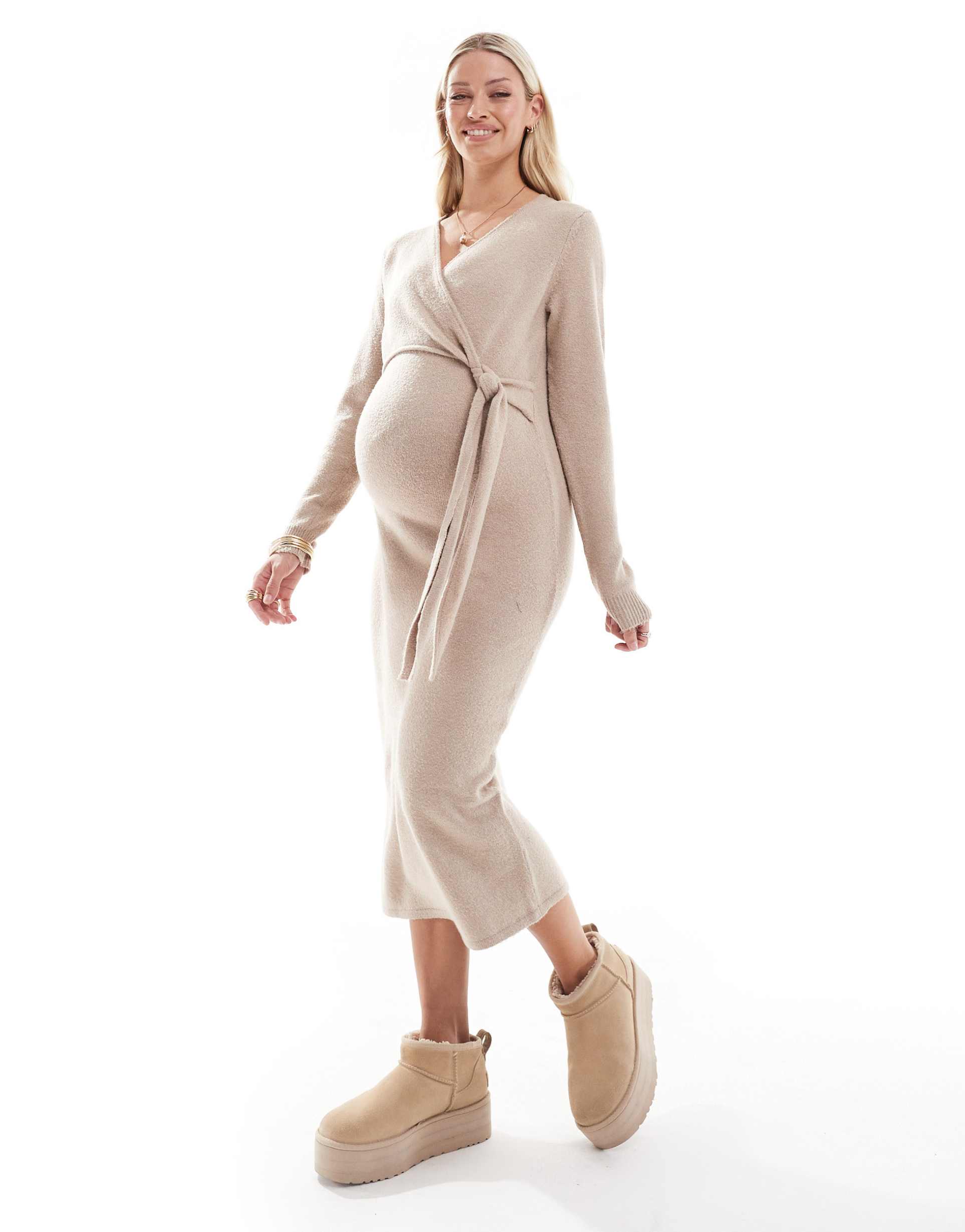 mamalicious maternity knitted maxi dress with knot front in beige