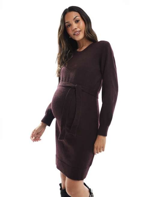 Mamalicious Maternity knitted midi dress with belt in burgundy, 2 of 4