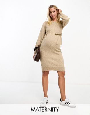 Mamalicious Maternity knitted midi dress with belt in camel