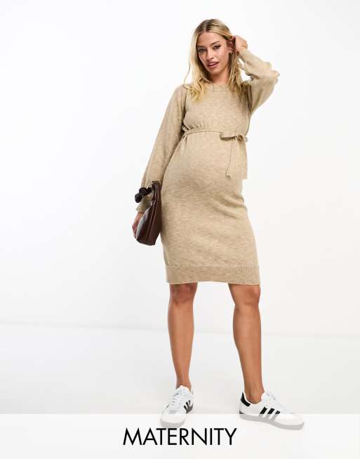  Mamalicious Maternity knitted midi dress with belt in camel