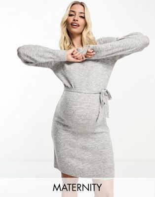 Mamalicious Maternity knitted midi dress with belt in grey