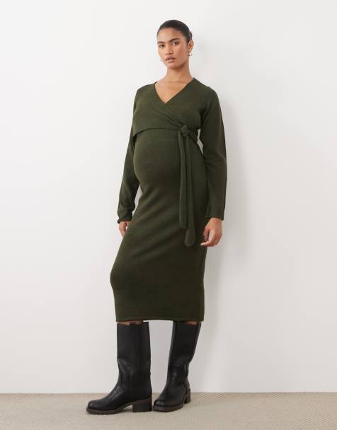 Mamalicious maternity knitted midi dress with knot front in dark green - view 1