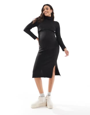 Mamalicious Maternity knitted midi dress with nursing function in black