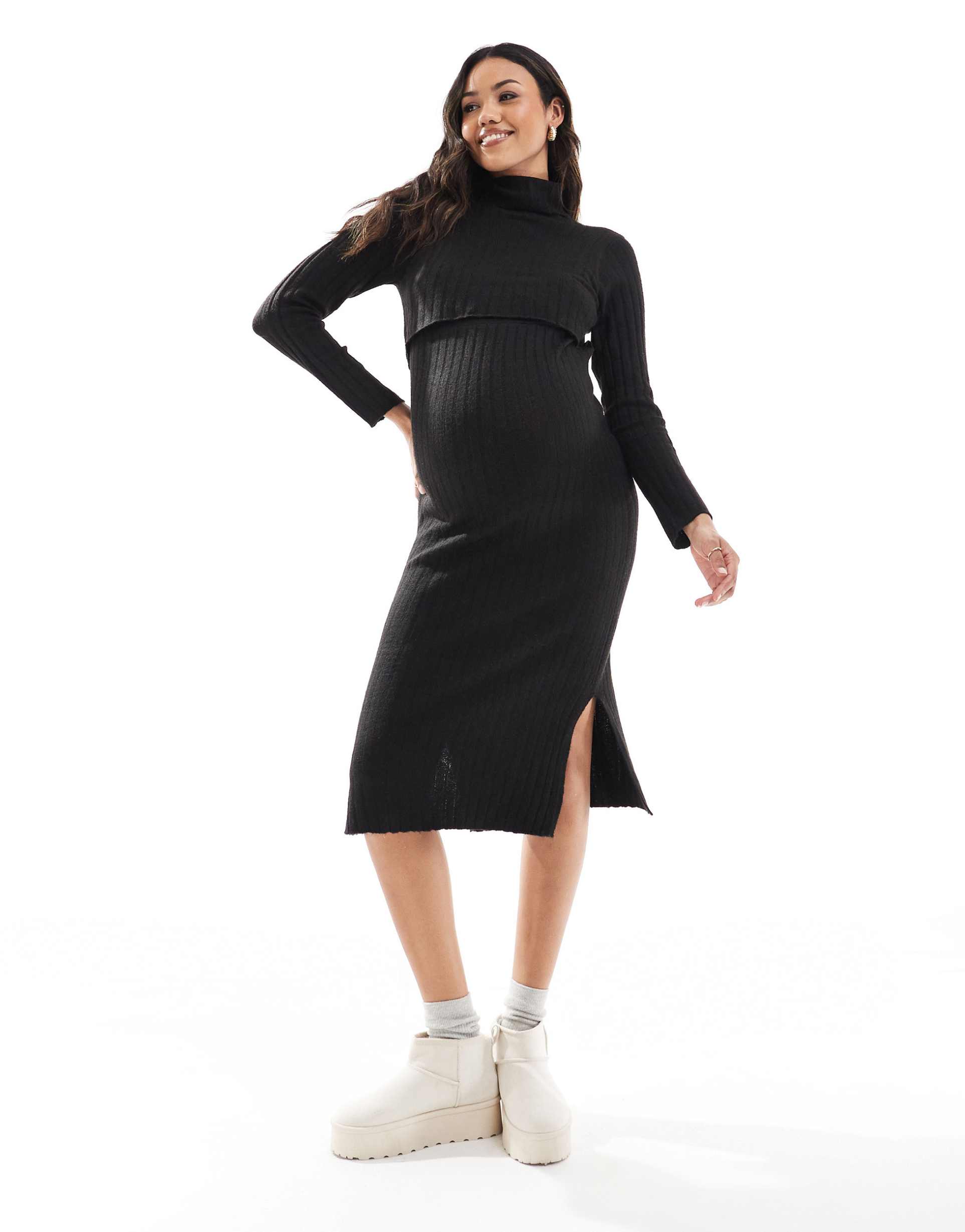 mamalicious maternity knitted midi dress with nursing function in black