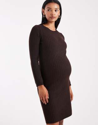 Mama.licious Mamalicious Maternity knitted rib tie waist mini dress in chocolate melange-Brown