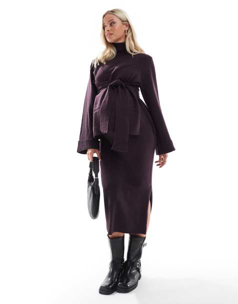 Mamalicious maternity knitted roll neck jumper with tie waist and skirt set in plum - view 1