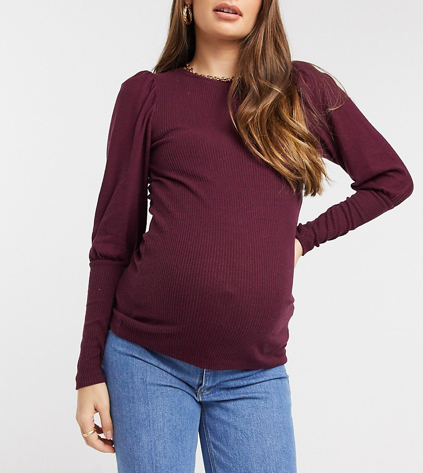 Mamalicious Maternity knitted top with balloon sleeves in burgundy-Purple