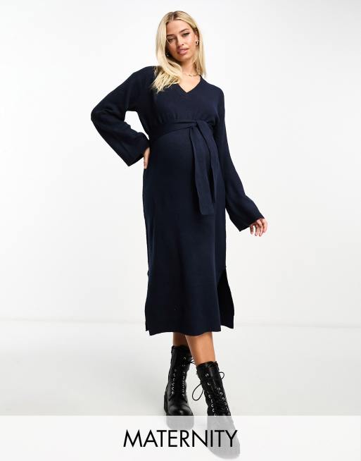 Mamalicious Maternity knitted wrap midi dress in navy blue