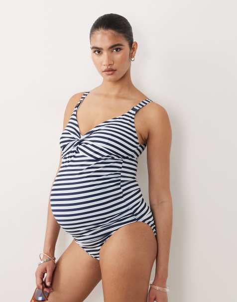 Mamalicious Maternity knot bust swimsuit with nursing clip function in navy stripe print - view 1