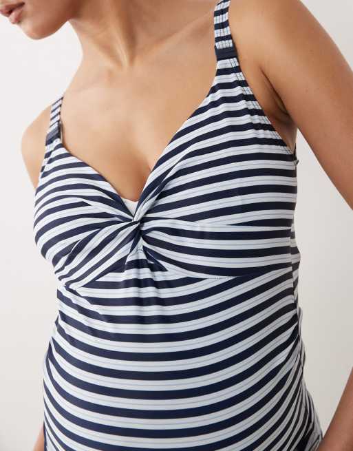 Mamalicious Maternity knot bust swimsuit with nursing clip function in navy stripe print, 2 of 4
