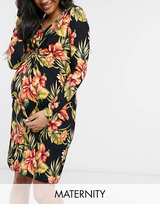 Women Mamalicious Maternity knot detail mini dress in floral print 