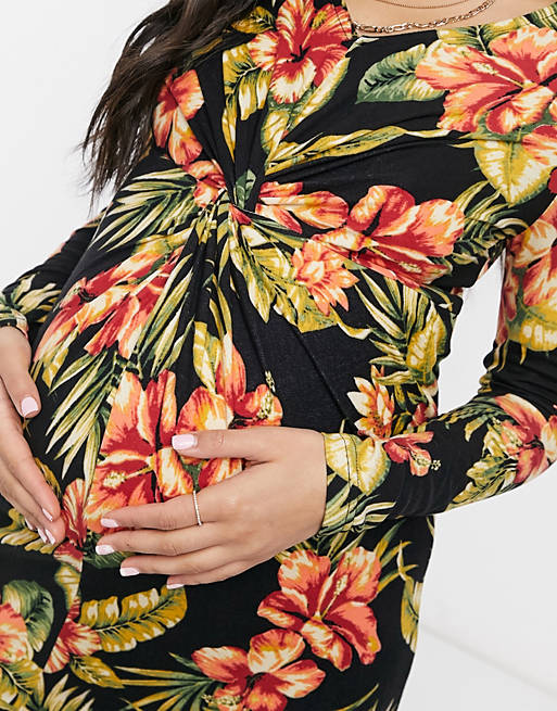 Women Mamalicious Maternity knot detail mini dress in floral print 