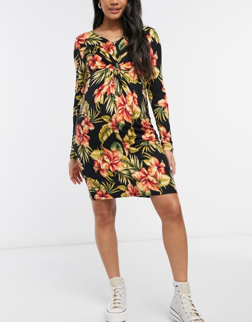 Mamalicious Maternity knot detail mini dress in floral print, 4 of 4