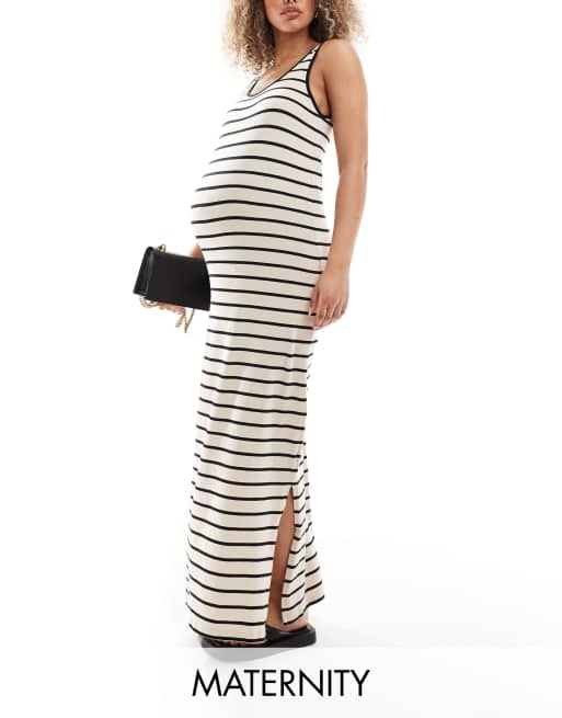 Mamalicious Maternity – Kremowa sukienka maxi w paski, bez rękawów, z dekoltem w kształcie litery U
