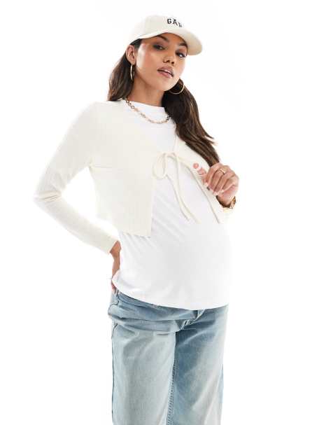 Mamalicious Maternity cropped ribbed cardigan in cream