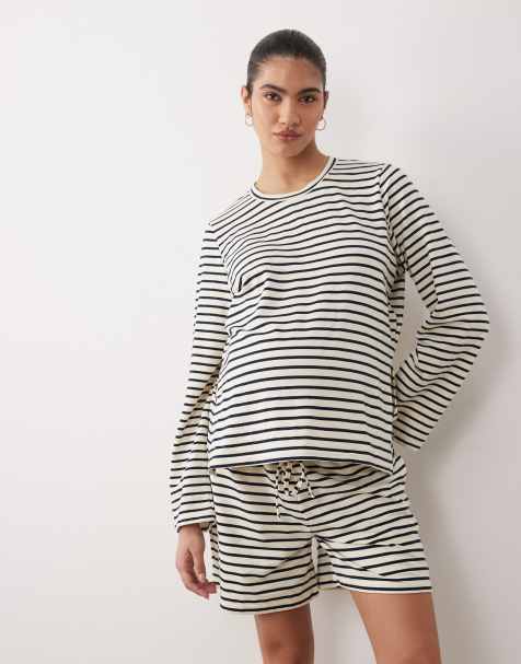 Mamalicious Maternity – Kremowy T-shirt z długimi rękawami w granatowe paski - view 1