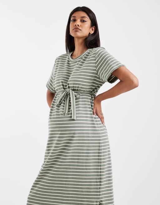 Mama.licious Maternity – Kurzärmliges, gestreiftes Stillkleid in Midilänge in Grün und Weiß mit Bindegürtel und 2 Stillfunktionen, 2 von 4