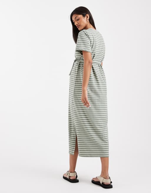 Mama.licious Maternity – Kurzärmliges, gestreiftes Stillkleid in Midilänge in Grün und Weiß mit Bindegürtel und 2 Stillfunktionen, 4 von 4