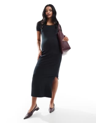 Mamalicious Maternity - Kurzärmliges Jersey-Midikleid in Schwarz mit U-Ausschnitt, Umstandsmode