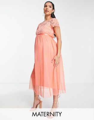 Mama.licious Mamalicious Maternity Lace Detail Midi Dress In Peach-orange