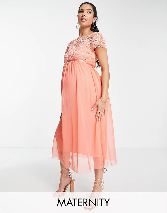 Mamalicious Maternity lace detail midi dress in peach