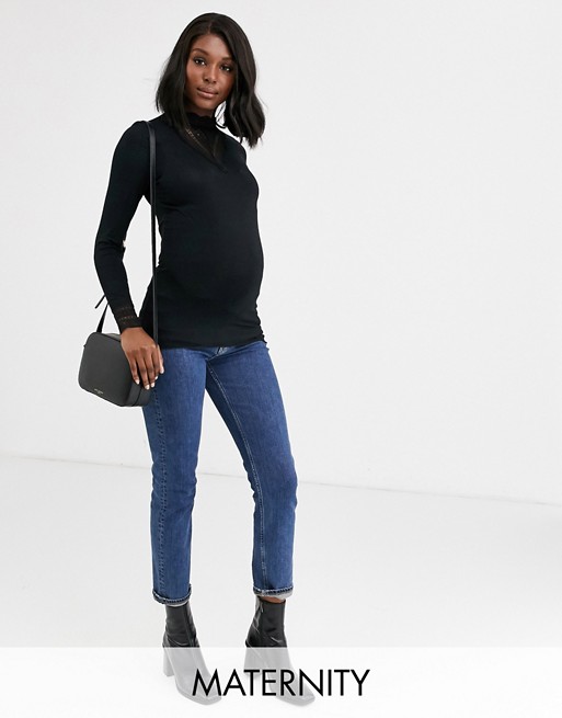 Mamalicious Maternity high neck top with lace insert in black