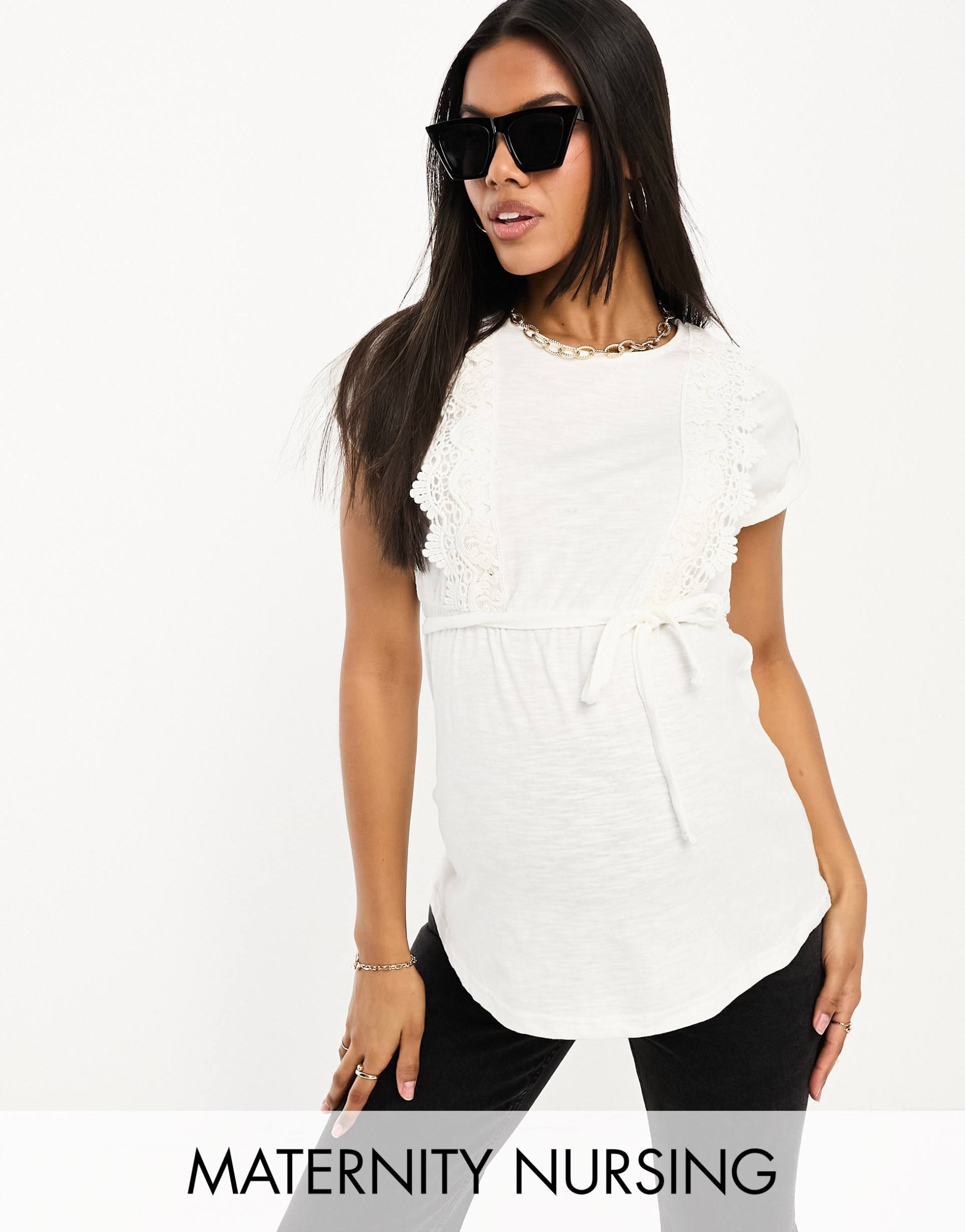 mamalicious maternity lace trim nursing t-shirt in white
